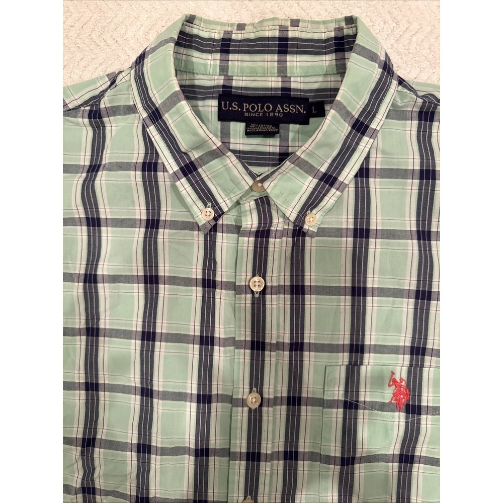 Mens LG Green/Gray Plaid Button Up/Down Preppy Casual Dress Short Sleeve